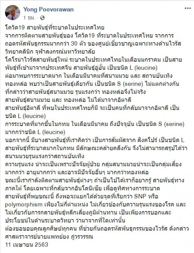 "หมอยง" โพสต์ ถอดรหัสพันธุกรรม "ไวรัสโคโรน่า" มากกว่า 30 ตัว