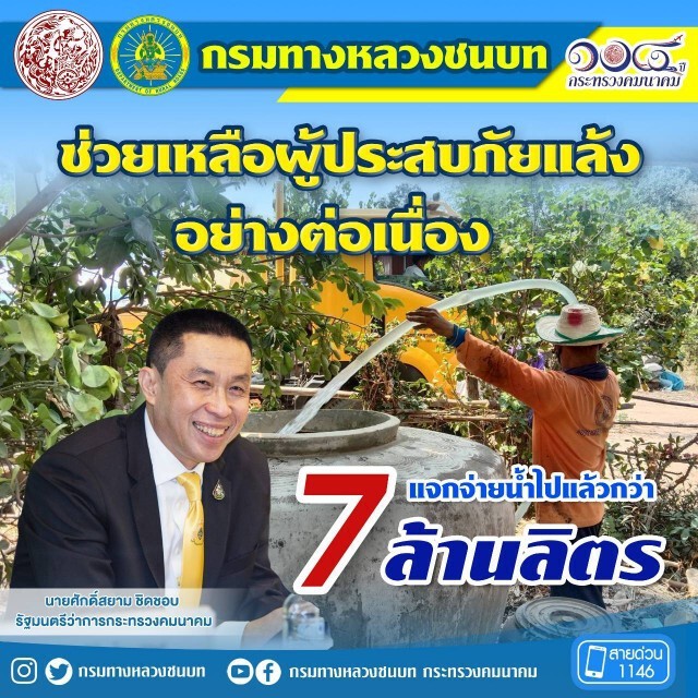 แล้งหนัก! ทางหลวงชนบท แจกจ่ายน้ำกว่า 7 ล้านลิตร