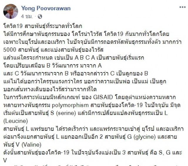 "หมอยง" ระบุ โควิด-19 ที่ระบาดในไทย มีลักษณะเฉพาะทางพันธุกรรม