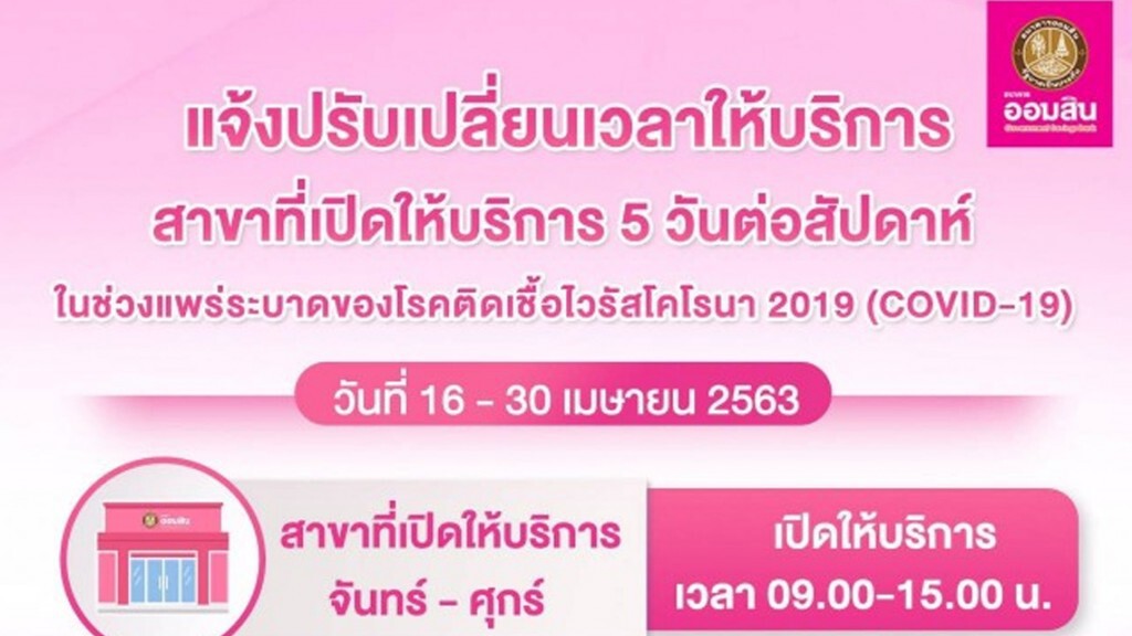ออมสินปรับเวลาเปิด-ปิดสาขา 16-30 เม.ย.63