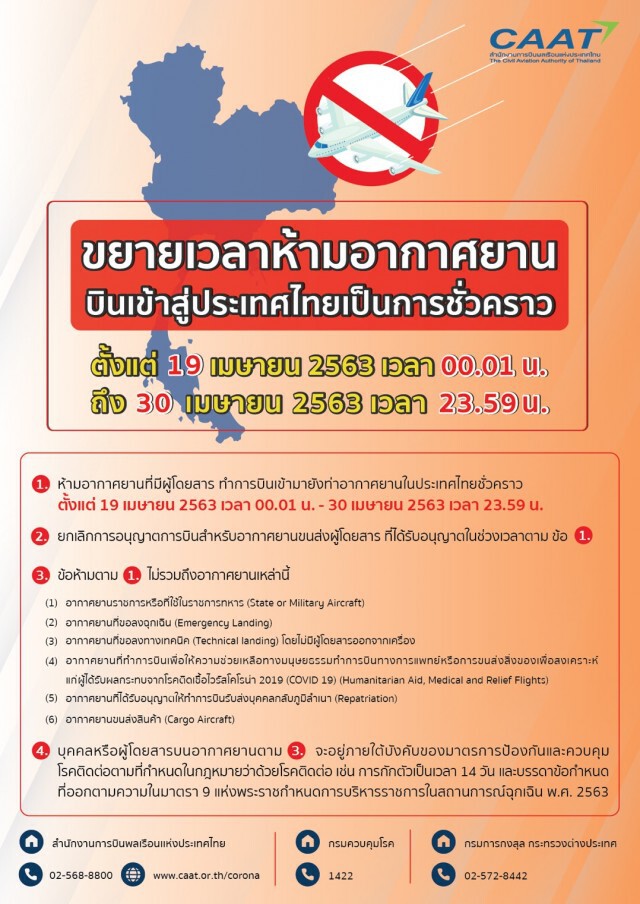 ด่วน! กทพ.ขยายเวลาห้ามบินเข้าไทย ถึง 30 เม.ย.