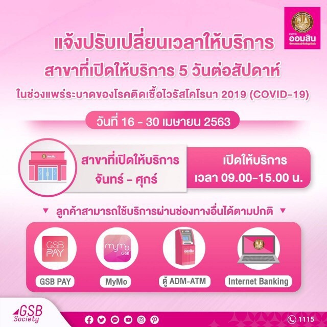 ออมสินปรับเวลาเปิด-ปิดสาขา 16-30 เม.ย.63