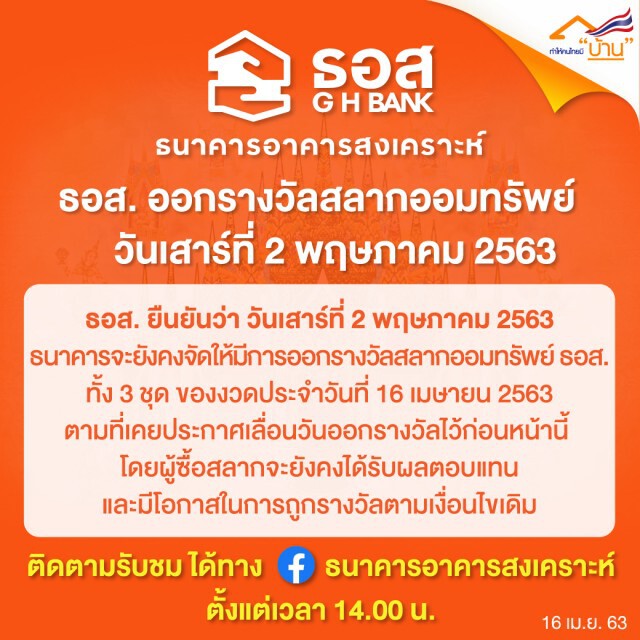 ธอส.ไม่เลื่อนออกรางวัลสลากออมทรัพย์  2 พ.ค.นี้