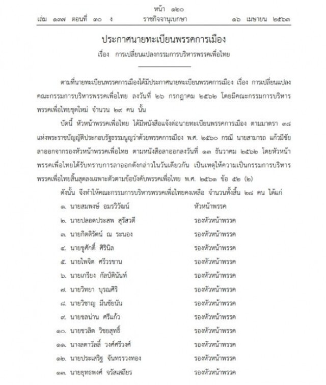 ราชกิจจาฯ เผยแพร่ประกาศเปลี่ยนแปลง กรรมการบริหาร"พรรคเพื่อไทย"
