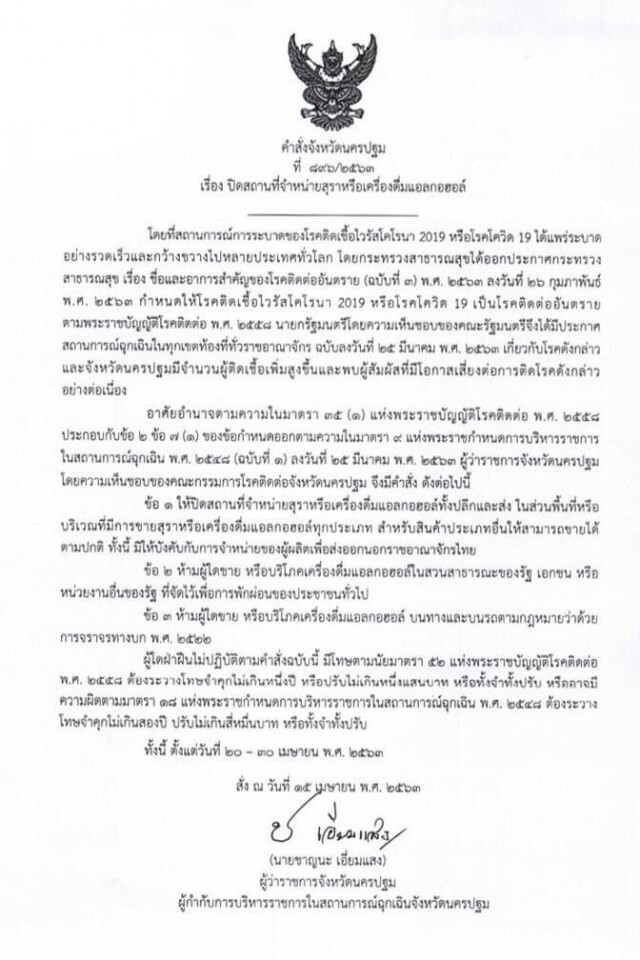 นครปฐมประกาศ!! ปิดพื้นที่ จำหน่ายสุราเครื่องดื่มแอลกอฮอล์ทั้งปลีกและส่งทุกประเภท