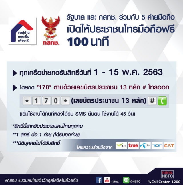 เปิดขั้นตอน! กดรับสิทธิ์โทรฟรีทุกเครือข่าย 100 นาที เริ่ม 1 พ.ค.63