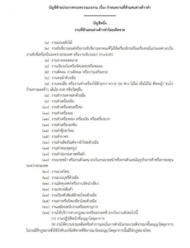ราชกิจจาฯ ประกาศ 27 อาชีพ ห้ามคนต่างด้าวทำโดยเด็ดขาด
