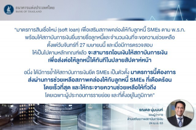 ธปท.ให้แบงก์ยื่นรายชื่อลูกหนี้ SMEs ขอ soft loan ตั้งแต่ 27 เม.ย.เป็นต้นไป