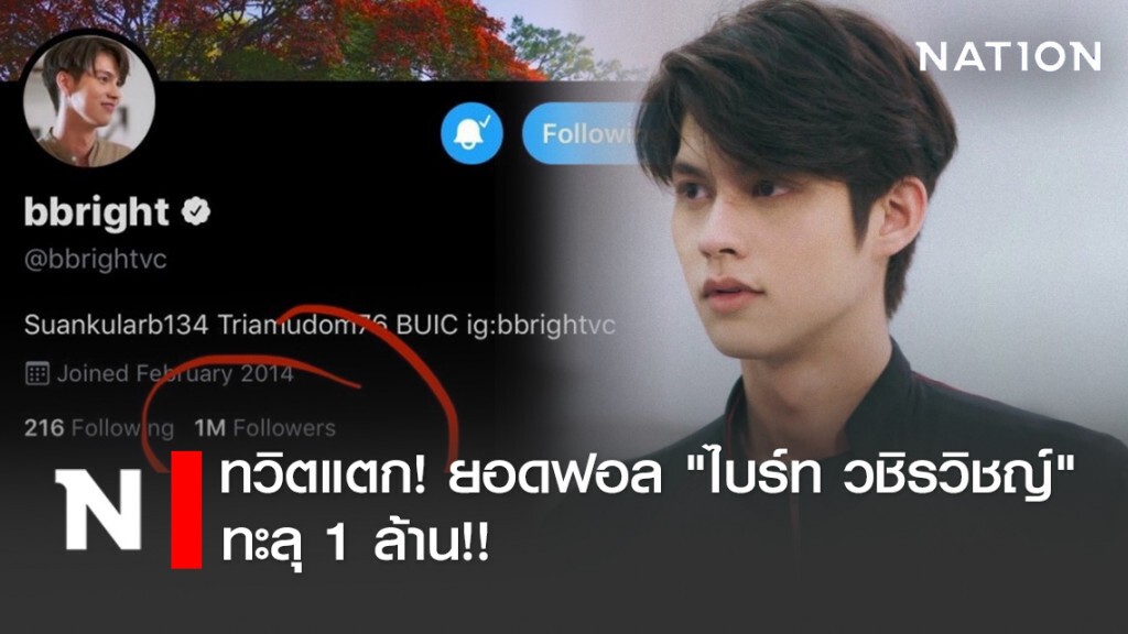 ทวิตแตก! ยอดฟอล "ไบร์ท วชิรวิชญ์" คั่นกู ทะลุ 1 ล้าน!!