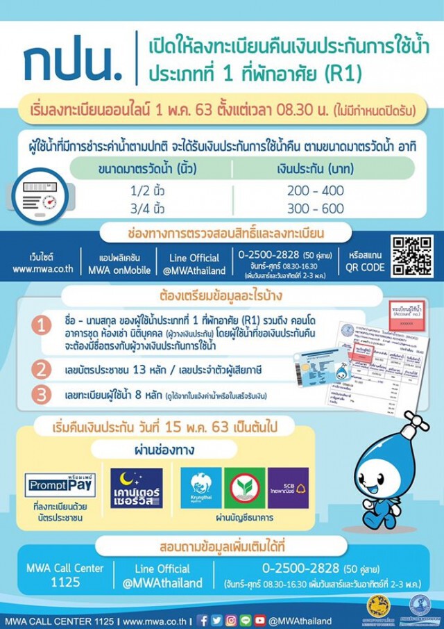 กปน. แจ้ง 1 พ.ค.เปิดลงทะเบียนขอคืนเงินประกันค่าน้ำ