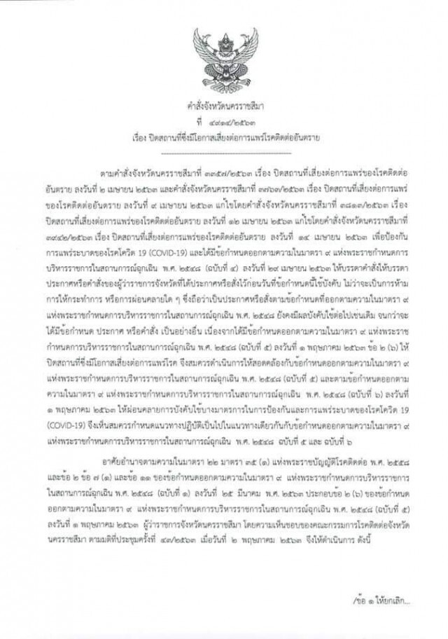 ผู้ว่าโคราช ยังสั่งปิด 30 สถานที่เสี่ยง นอกเหนือ 6 กิจการ