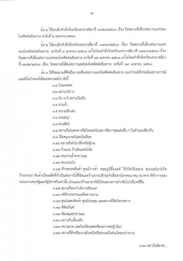 ผู้ว่าโคราช ยังสั่งปิด 30 สถานที่เสี่ยง นอกเหนือ 6 กิจการ