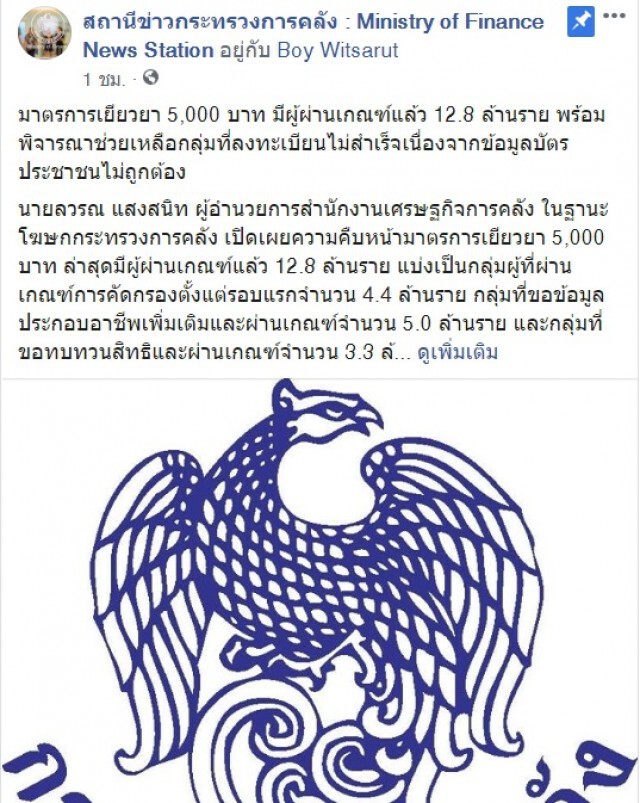 คลัง แจงมาตรการเยียวยา 5,000 บาท มีผู้ผ่านเกณฑ์แล้ว 12.8 ล้านราย