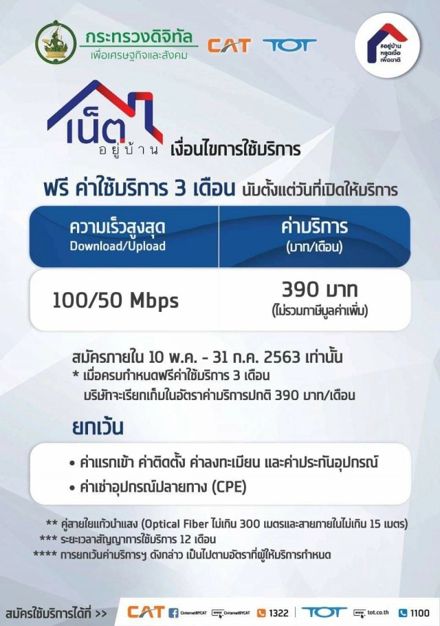 ทีโอที ปล่อยแพ็กเกจ 'เน็ตอยู่บ้าน' ติดตั้งฟรี-ใช้ฟรี 3 เดือน