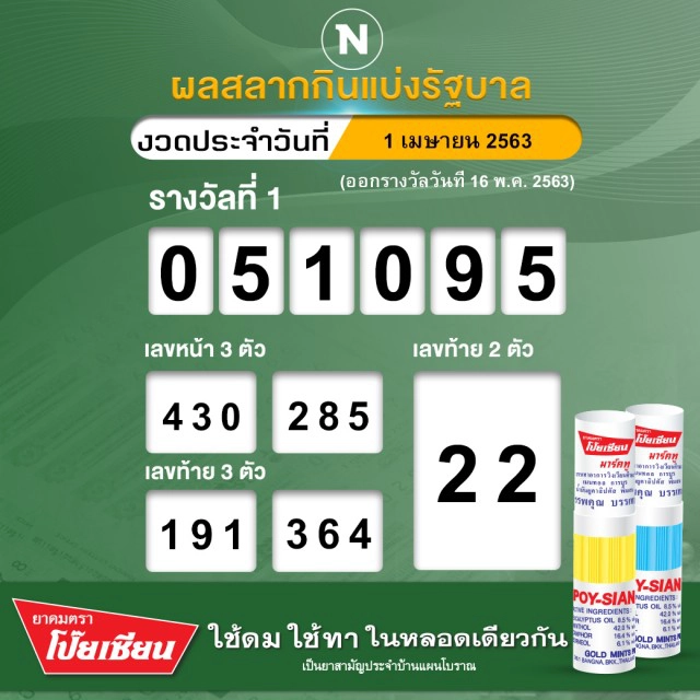 ตรวจผลสลากกินแบ่งรัฐบาล งวดประจำวันที่ 1 เมษายน 2563 (ออกรางวัลวันที่ 16 พ.ค. 63)