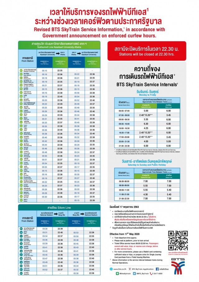 บีทีเอสปรับเวลาปิดให้บริการถึง 22.30 น. เริ่ม 17 พ.ค.นี้