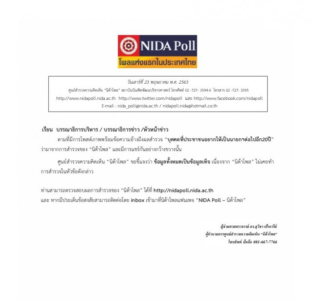 นิด้าโพล แจงโพล "บุคคลที่ปชช.อยากให้เป็นนายกฯต่อ 20 ปี" เป็นเท็จ