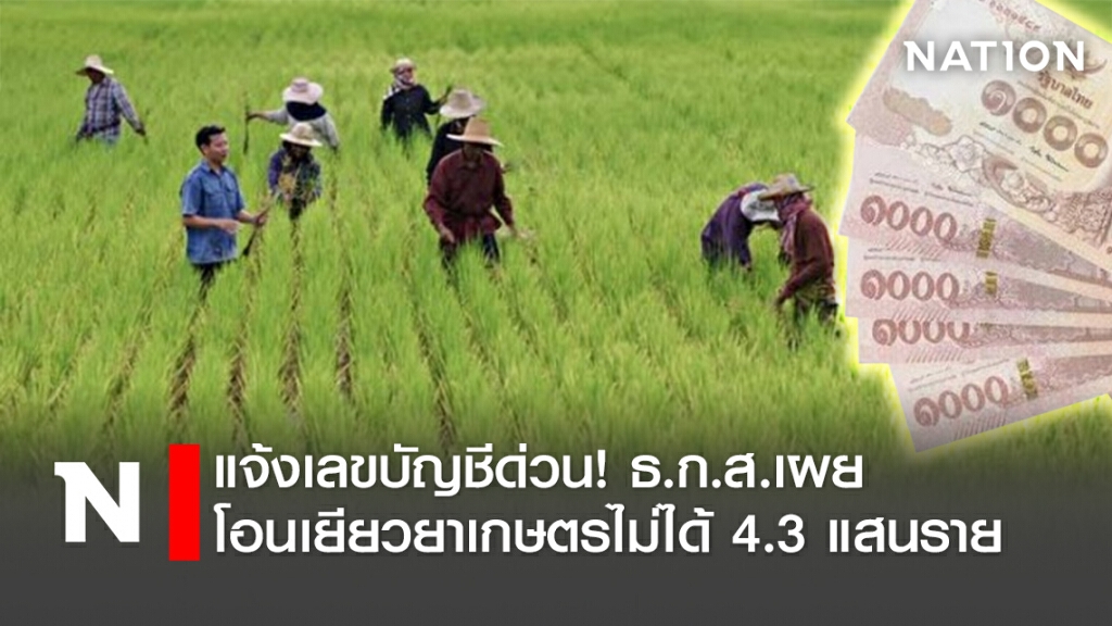 แจ้งเลขบัญชีด่วน! ธ.ก.ส.เผยโอนเยียวยาเกษตรไม่ได้ 4.3 แสนราย แจ้งเลขบัญชีด่วน! ธ.ก.ส.เผยโอนเยียวยาเกษตรไม่ได้ 4.3 แสนราย