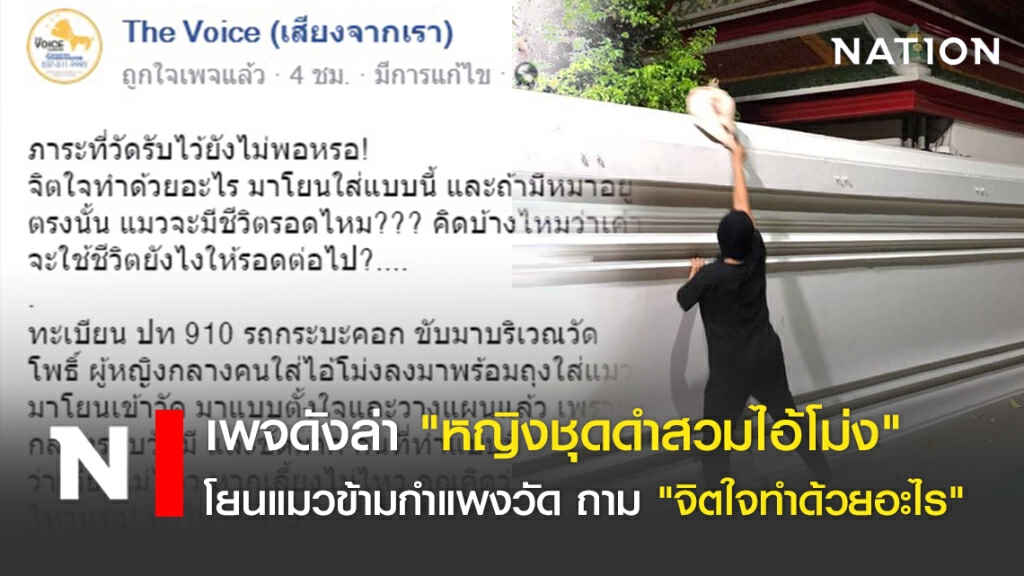 เพจดังล่า "หญิงชุดดำสวมไอ้โม่ง"  โยนแมวข้ามกำแพงวัด ถาม "จิตใจทำด้วยอะไร"