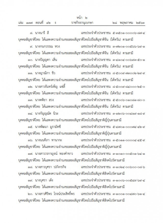 ราชกิจจานุเบกษา เผยแพร่ประกาศมหาดไทย เรื่องการเสียสัญชาติไทย 27 ราย หลังสมรสกับคนต่างด้าว