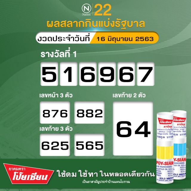 ตรวจผลสลากกินแบ่งรัฐบาล งวดประจำวันที่ 16 มิถุนายน 2563