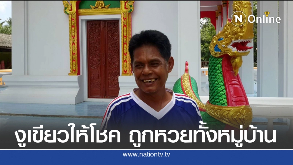 งูเขียวให้โชค เลื้อยบนรูปปั้นพญานาค ถูกหวยทั้งหมู่บ้าน