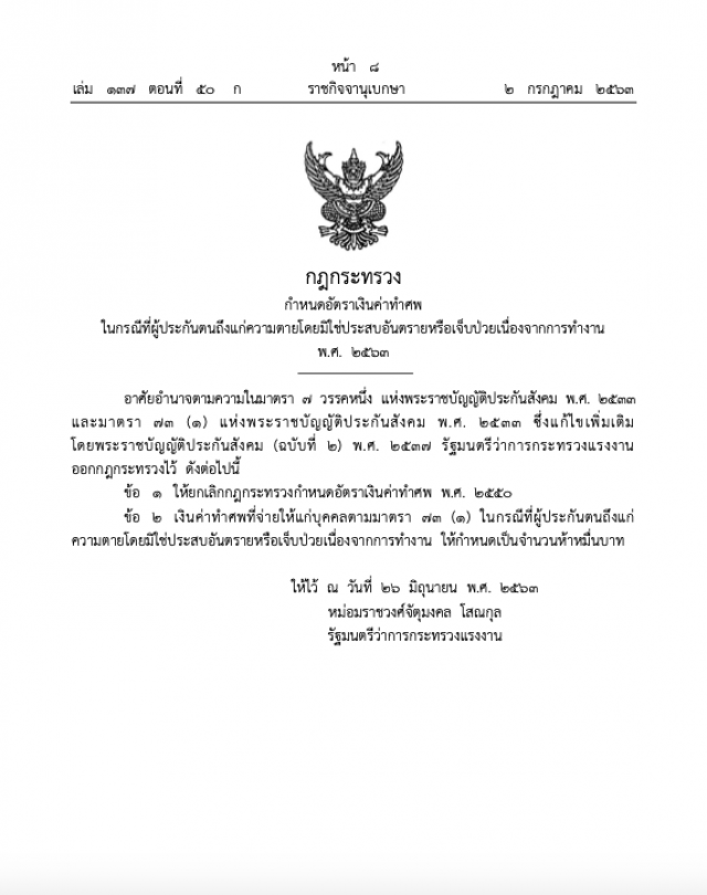 ราชกิจจาฯประกาศเพิ่มค่าทำศพผู้ประกันตนเป็น 50,000 บาท