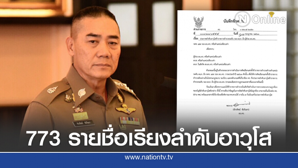 เปิดชื่อ "รอง ผบก.-ผู้ช่วย ผบ.ตร." 773 ราย เรียงลำดับอาวุโส