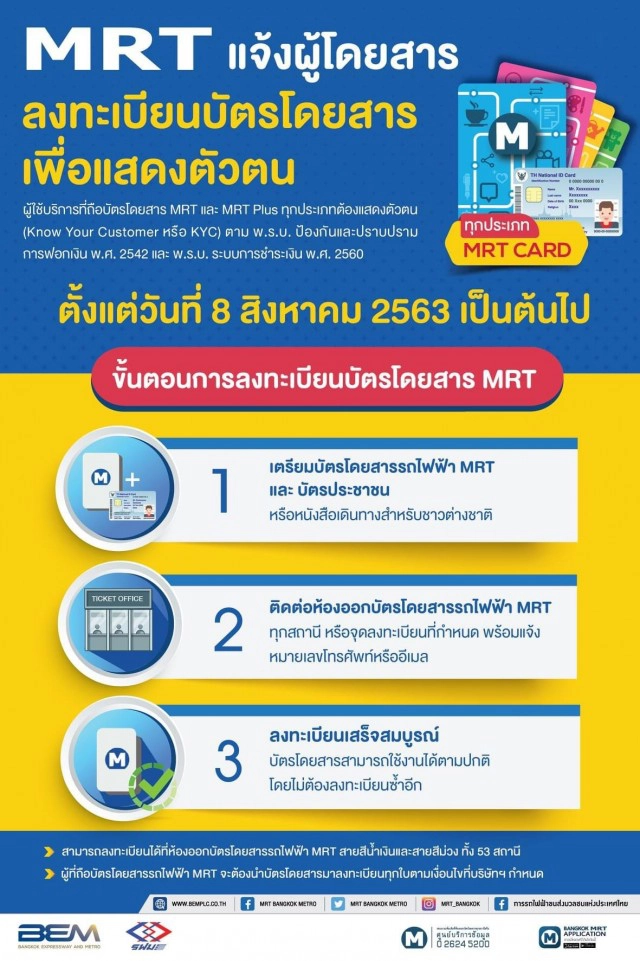 ลงทะเบียนบัตรโดยสาร MRT แสดงตัวตน เริ่ม 8 ส.ค.นี้