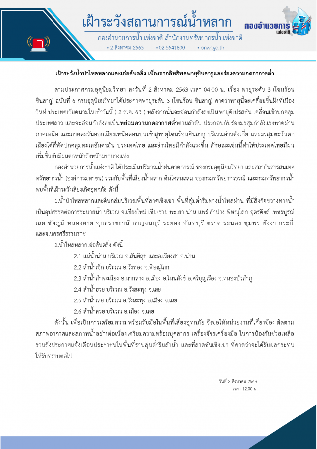 เตือนพื้นที่เสี่ยงน้ำป่าหลากอิทธิพลพายุซินลากู