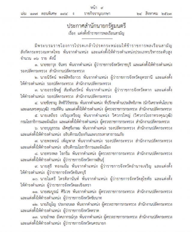 โปรดเกล้าฯ แต่งตั้งโยกย้าย 'อธิบดี-รองปลัด-ผู้ว่าฯ-ผู้ตรวจฯ 36 ราย'