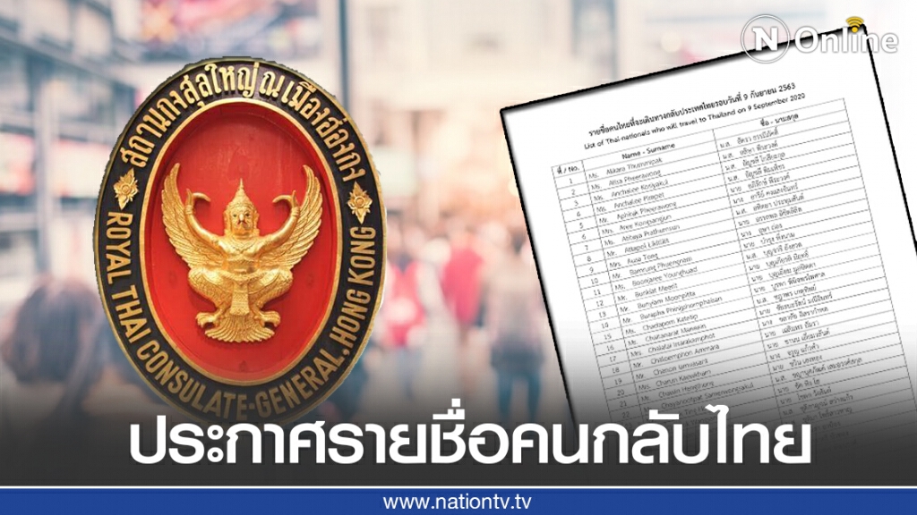 สถานกงสุลใหญ่ฯ ประกาศรายชื่อคนไทยที่จะเดินทางกลับจากฮ่องกง ในวันที่ 9 ก.ย.นี้