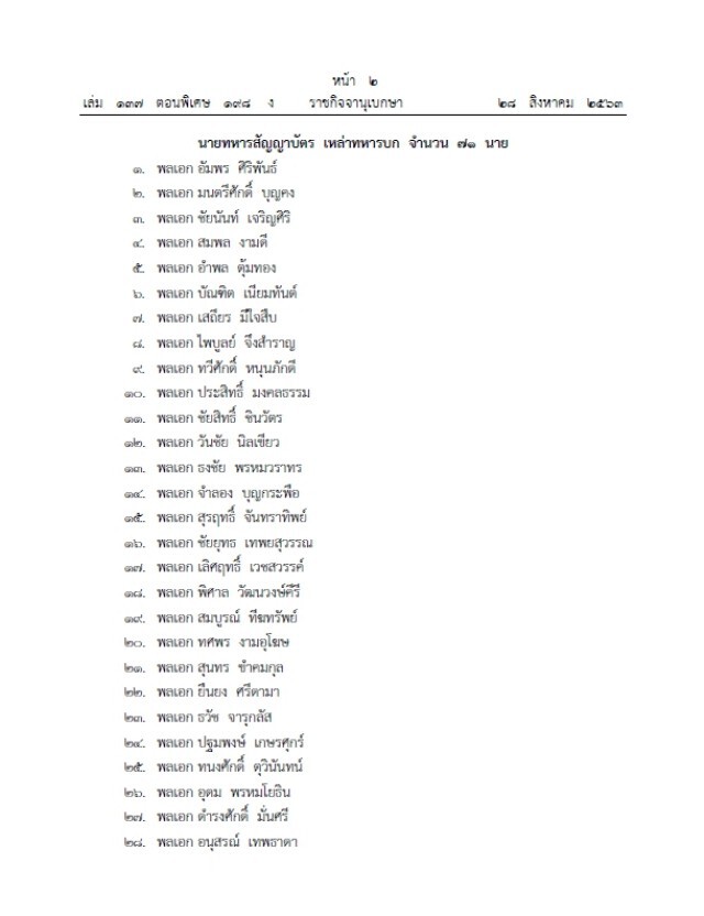 ราชกิจจาฯ ประกาศให้นายทหาร 117 นาย พ้นการปฏิบัติหน้าที่ราชองครักษ์พิเศษ