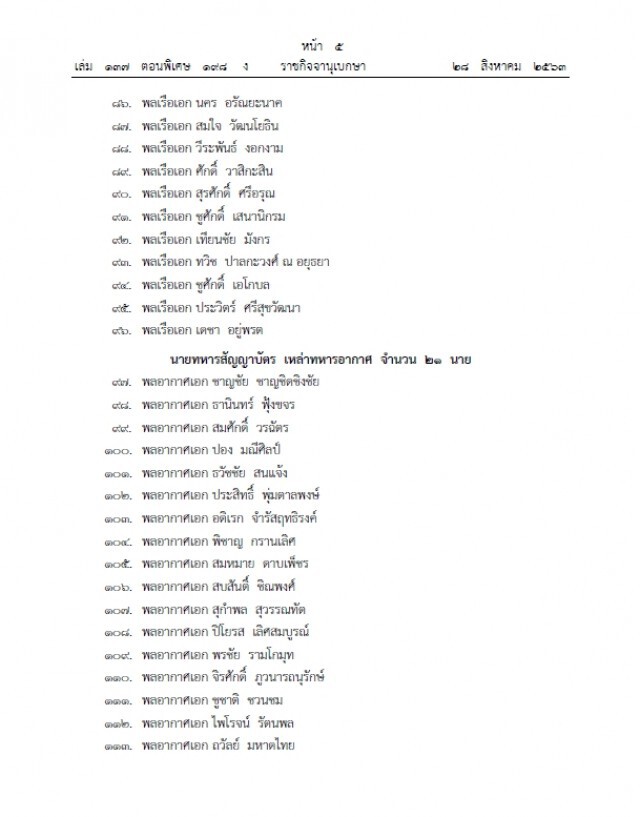 ราชกิจจาฯ ประกาศให้นายทหาร 117 นาย พ้นการปฏิบัติหน้าที่ราชองครักษ์พิเศษ