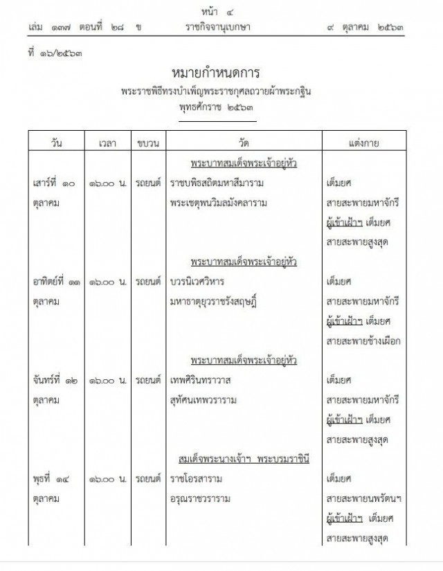 ราชกิจจาฯประกาศ "หมายกำหนดการพระราชพิธีทรงบำเพ็ญพระราชกุศลถวายผ้าพระกฐิน พุทธศักราช ๒๕๖๓"