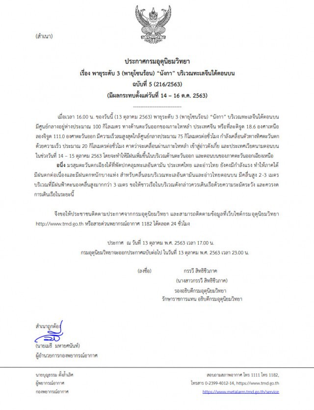 อุตุฯ ประกาศฉบับ 5 พายุระดับ 3 'นังกา' เตือน 21 จังหวัด ระวังฝนถล่ม