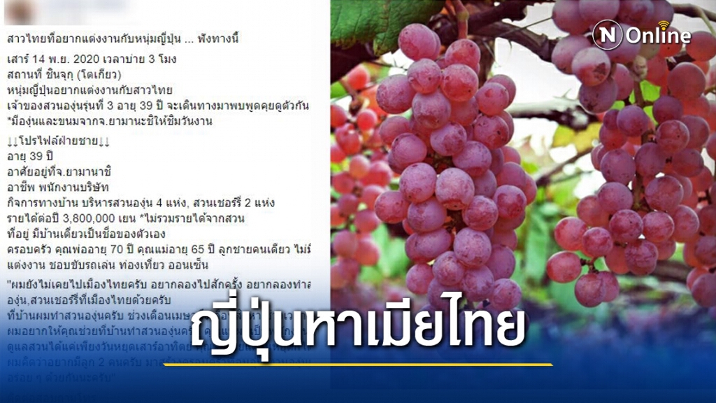"หนุ่มญี่ปุ่น" โปรไฟล์เริด เจ้าของสวนองุ่น ประกาศ "อยากแต่งงานกับสาวไทย" "หนุ่มญี่ปุ่น" โปรไฟล์เริด เจ้าของสวนองุ่น ประกาศ "อยากแต่งงานกับสาวไทย"