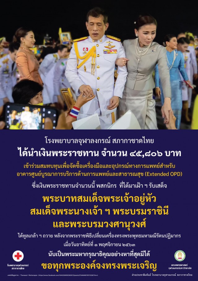 "ในหลวง-พระราชินี" พระราชทานเงินที่ประชาชนทูลเกล้าฯ ถวาย ให้รพ.ซื้อเครื่องมือแพทย์