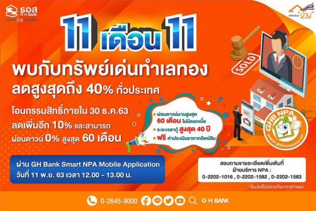 ธอส.จัดมหกรรม 11.11 ประมูลบ้านออนไลน์ลดสูงสุด 40%