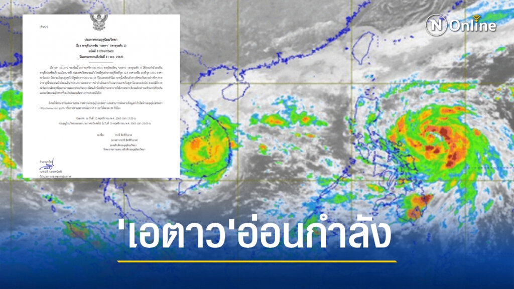 กรมอุตุนิยมวิทยา ประกาศฉบับที่ 8 พายุ"เอตาว" อ่อนกำลังลงเป็นพายุดีเปรสชัน กรมอุตุนิยมวิทยา ประกาศฉบับที่ 8 พายุ"เอตาว" อ่อนกำลังลงเป็นพายุดีเปรสชัน