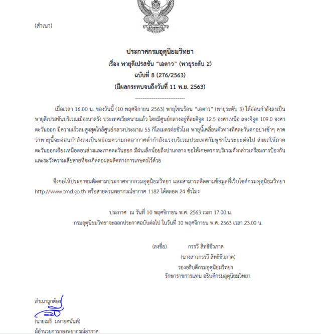 กรมอุตุนิยมวิทยา ประกาศฉบับที่ 8 พายุ"เอตาว" อ่อนกำลังลงเป็นพายุดีเปรสชัน