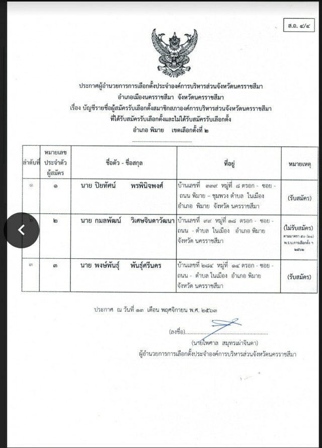 กกต.ตัดสิทธิผู้สมัคร ส.อบจ.นครราชสีมา อำเภอพิมาย เขต 2