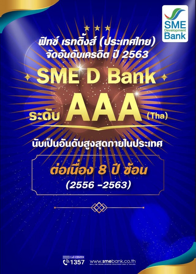 ฟิทช์ จัดเครดิต SME D Bank 'AAA(tha)' สูงสุดในประเทศ 8 ปีซ้อน