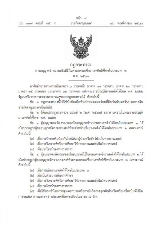 ราชกิจจาฯ เผยกฎกระทรวง อนุญาตจำหน่าย ครอบครอง "โคเคน-มอร์ฟีน-ฝิ่น"