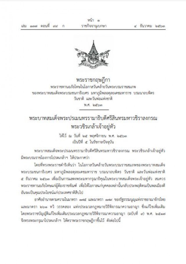 โปรดเกล้าฯพระราชกฤษฎีกา "พระราชทานอภัยโทษ" พ.ศ. 2563