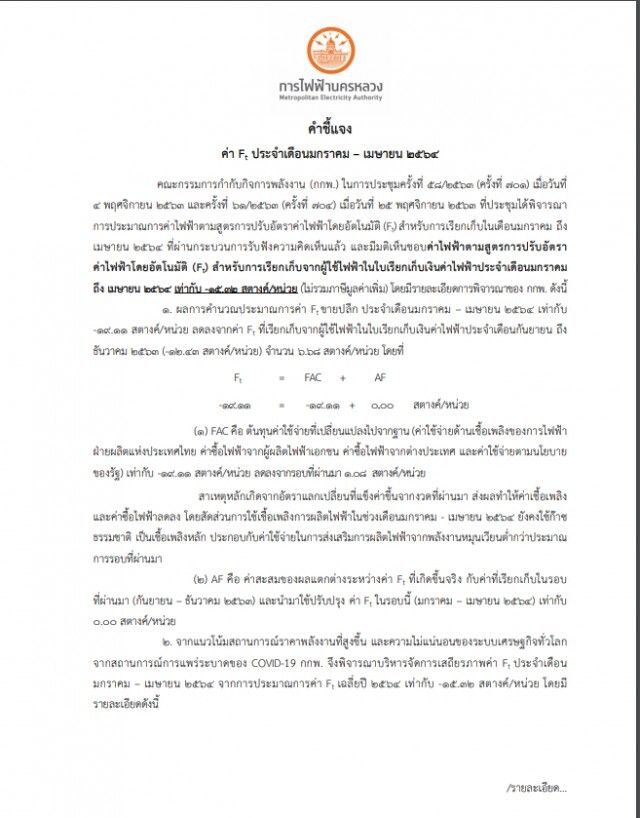 มติกกพ. ลดค่า Ft ช่วงเดือน ม.ค.-เม.ย. 64 เป็นของขวัญปีใหม่
