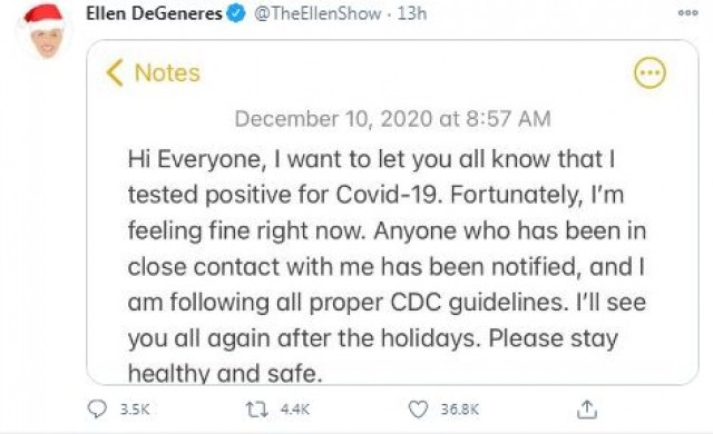 เอลเลน ดีเจนเนอเรส พิธีกรดัง ติดโควิด-19