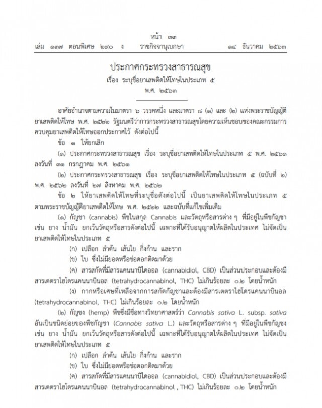 ราชกิจจานุเบกษา ประกาศ! ปลดล็อก "กัญชา" พ้นจากการเป็นยาเสพติด มีผลวันนี้ (15 ธ.ค. 63)