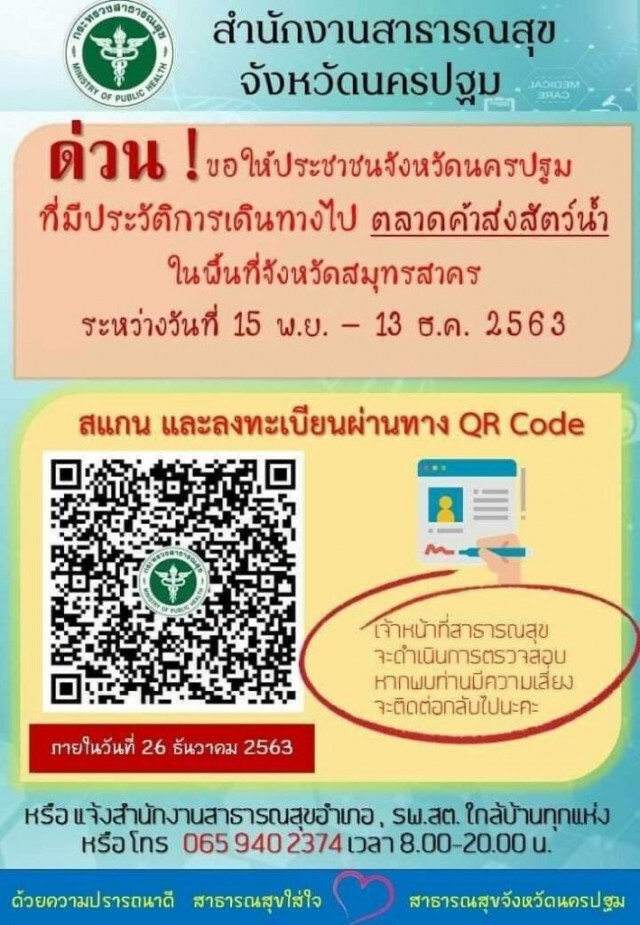 ชาวนครปฐมไปแพปลาสมุทรสาครติดต่อเจ้าหน้าที่สธ.ด่วน