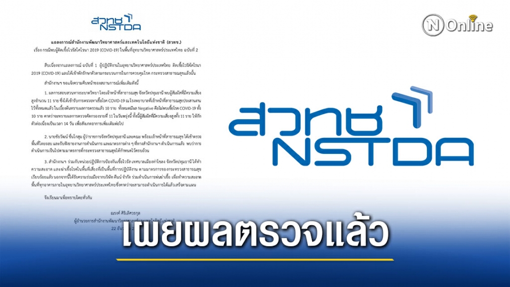 สวทช. แถลงการณ์ ฉบับที่ 2 เผยผลตรวจ 10 คน ไม่พบเชื้อ อีก1 รู้ผลวันนี้